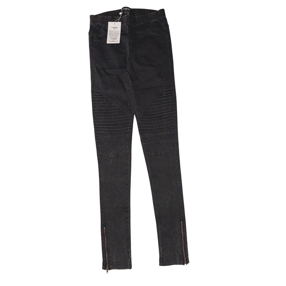 Comme USA Womens Moto Skinny Pants Faded Black Ribbed Ankle Zip P4107B Small NEW